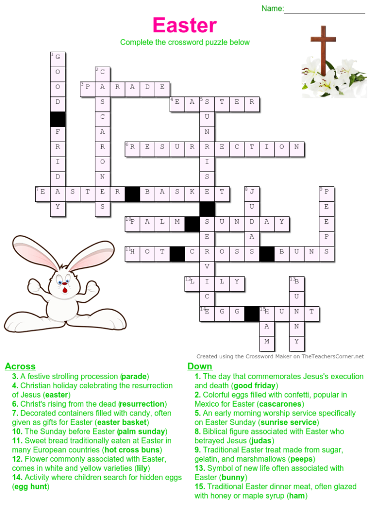 Free Printable Easter Crossword Puzzle - answer key