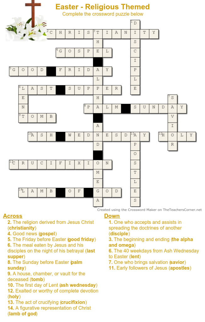 Free Printable Easter Crossword Puzzle - Religious Themed answer key