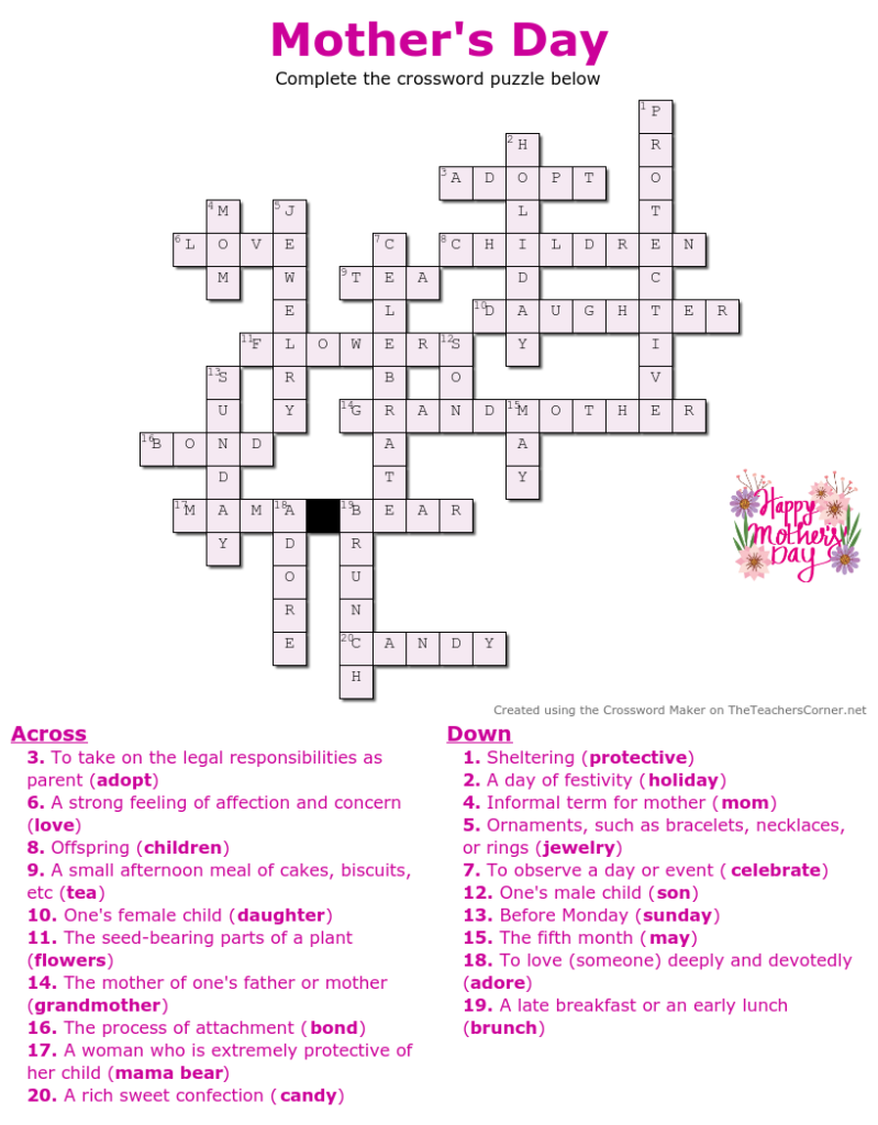 Mother's Day Crossword Puzzle - Answer Key