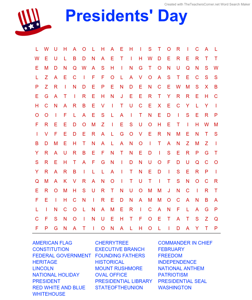Free Printable Presidents' Day Word Search