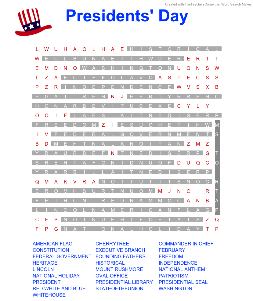 Free Printable Presidents' Day Word Search - answer key