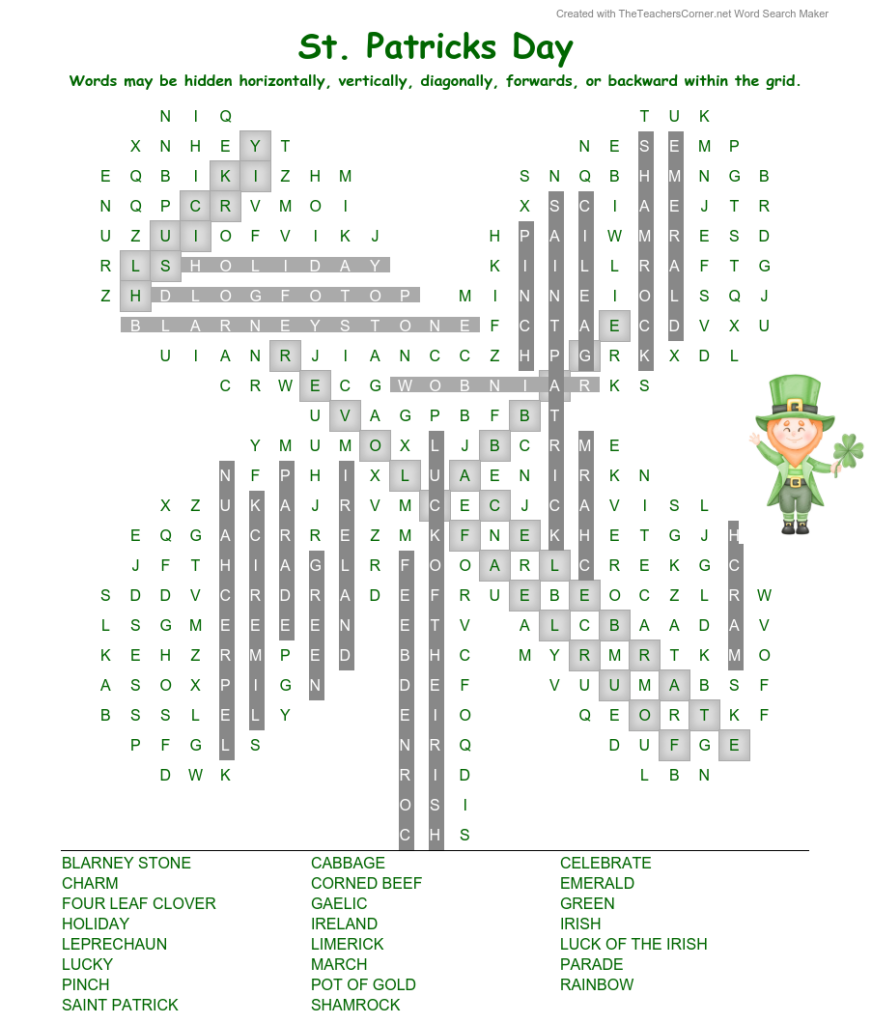 St. Patrick's Day Word Search Puzzle - answer key