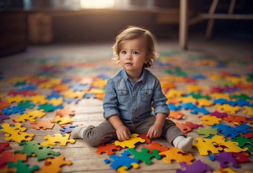 How many puzzle pieces for a 4 year old child - boy sitting on floor amongst puzzle pieces. 