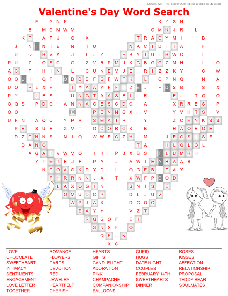 Valentine's Day Word Search - Answer Key